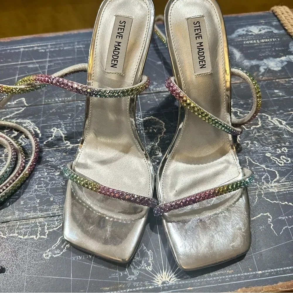 Steve Madden Uplift‑R Rainbow Rhinestone Wrap Heels – Silver – Size 9.5M